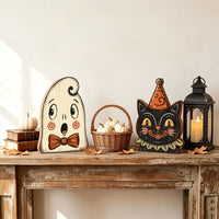 Figurine en bois Halloween - chat, citrouille ou squelette