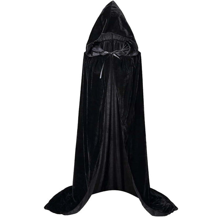 Black hooded velvet cape, full length, shown on a white background