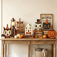 Figurine en bois Halloween - chat, citrouille ou squelette