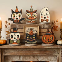 Figurine en bois Halloween - chat, citrouille ou squelette