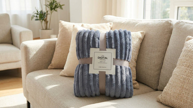 Folded blue-grey ribbed fleece throw blanket on a beige living room sofa